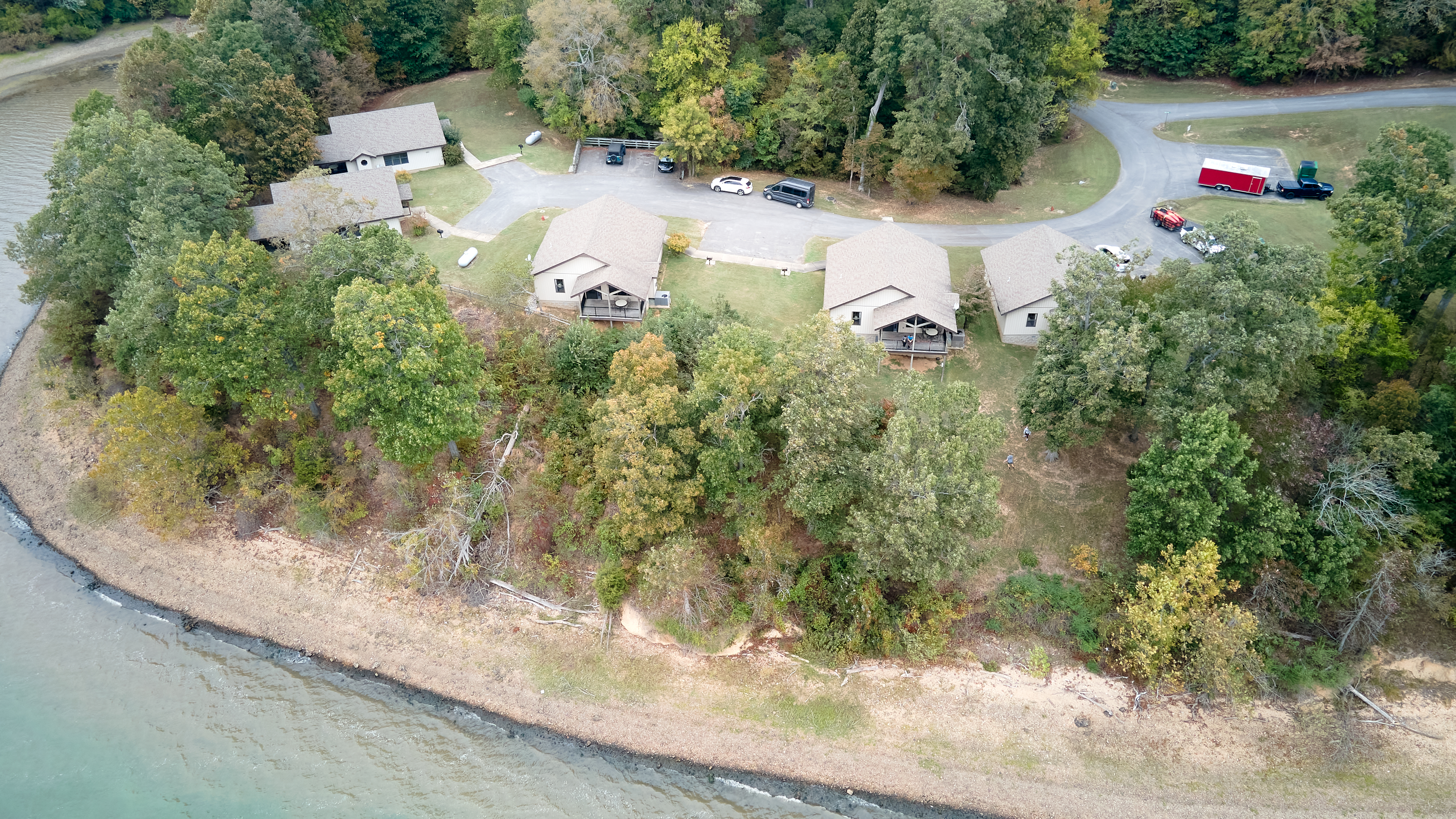 Image of trees, buildings, and water at NBF State Park.